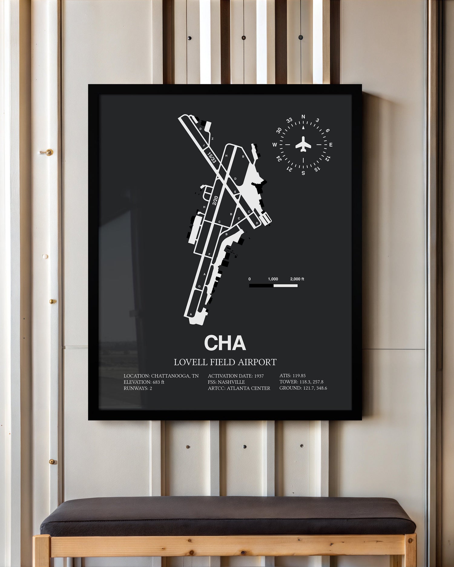 Framed Detailed Airport Map of Lovell Field Airport (CHA) in Gray with a Black Frame