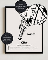 Framed Detailed Airport Map of Lovell Field Airport (CHA) in White with a Black Frame