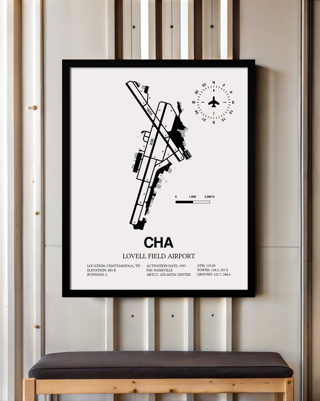 Framed Detailed Airport Map of Lovell Field Airport (CHA) in White with a Black Frame