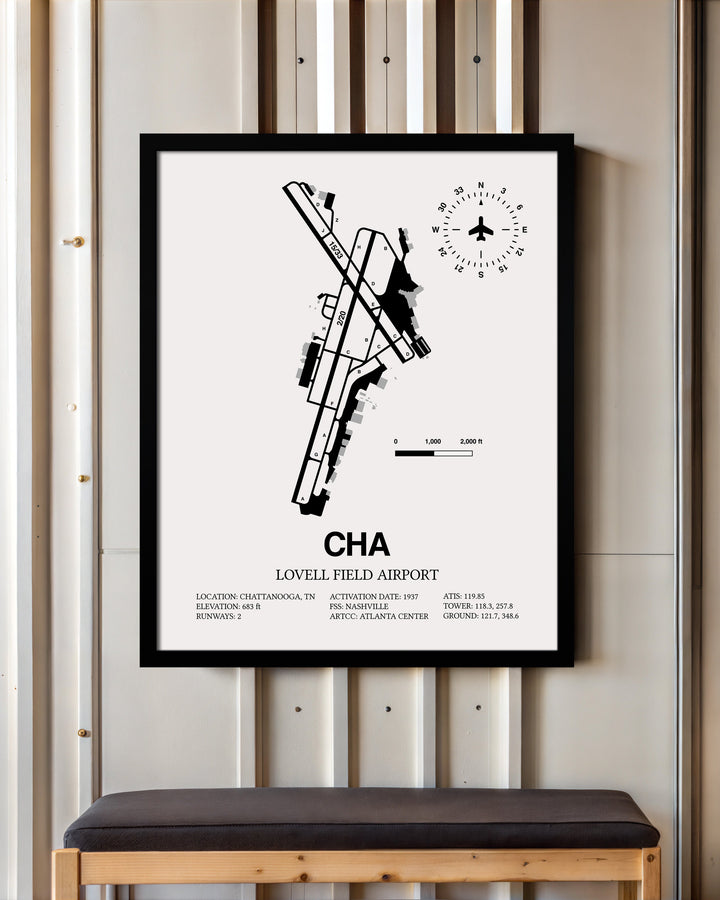 Framed Detailed Airport Map of Lovell Field Airport (CHA) in White with a Black Frame