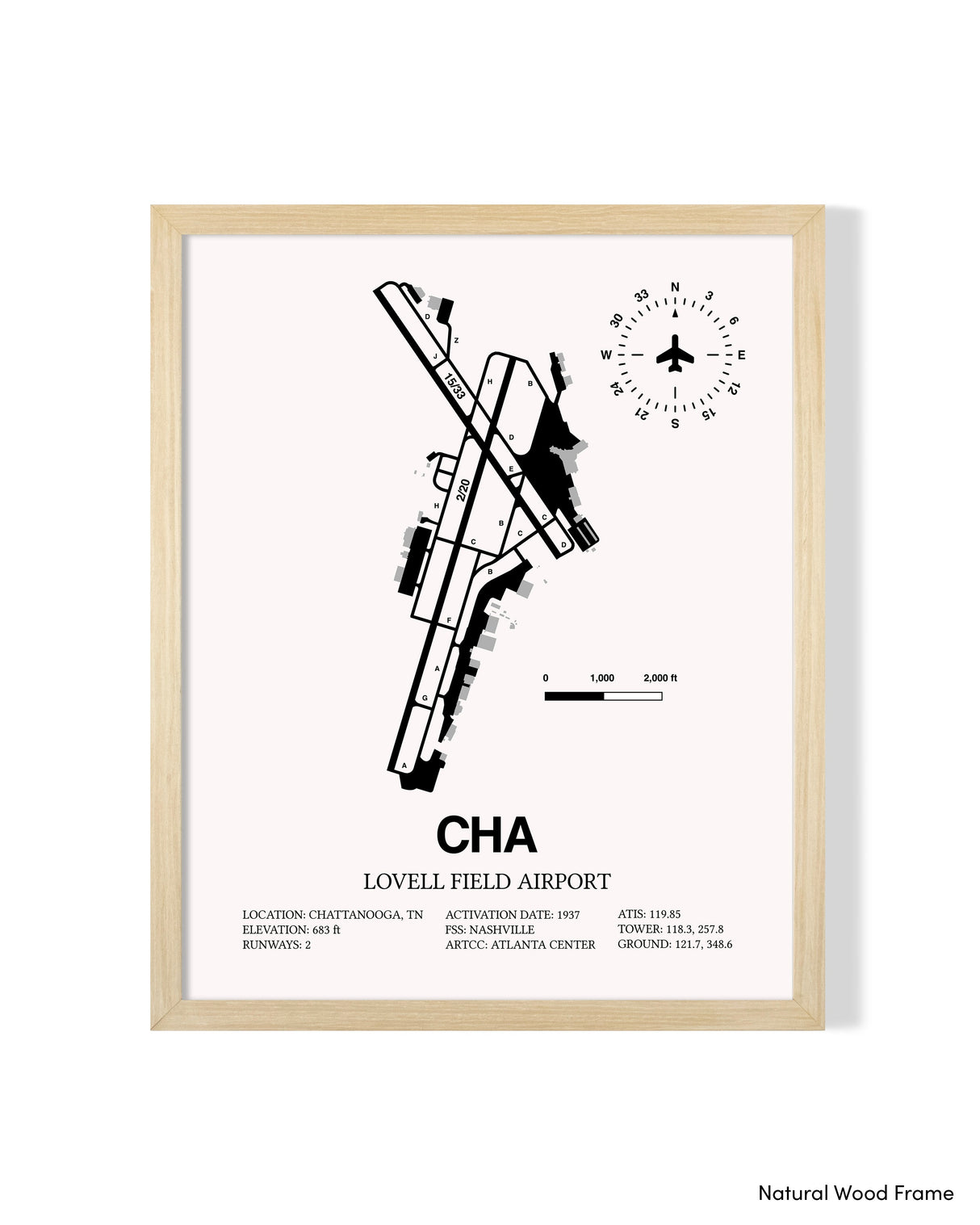 Detailed Airport Map of Lovell Field Airport (CHA) in White with a Natural Frame