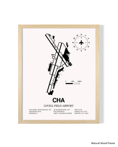 Detailed Airport Map of Lovell Field Airport (CHA) in White with a Natural Frame