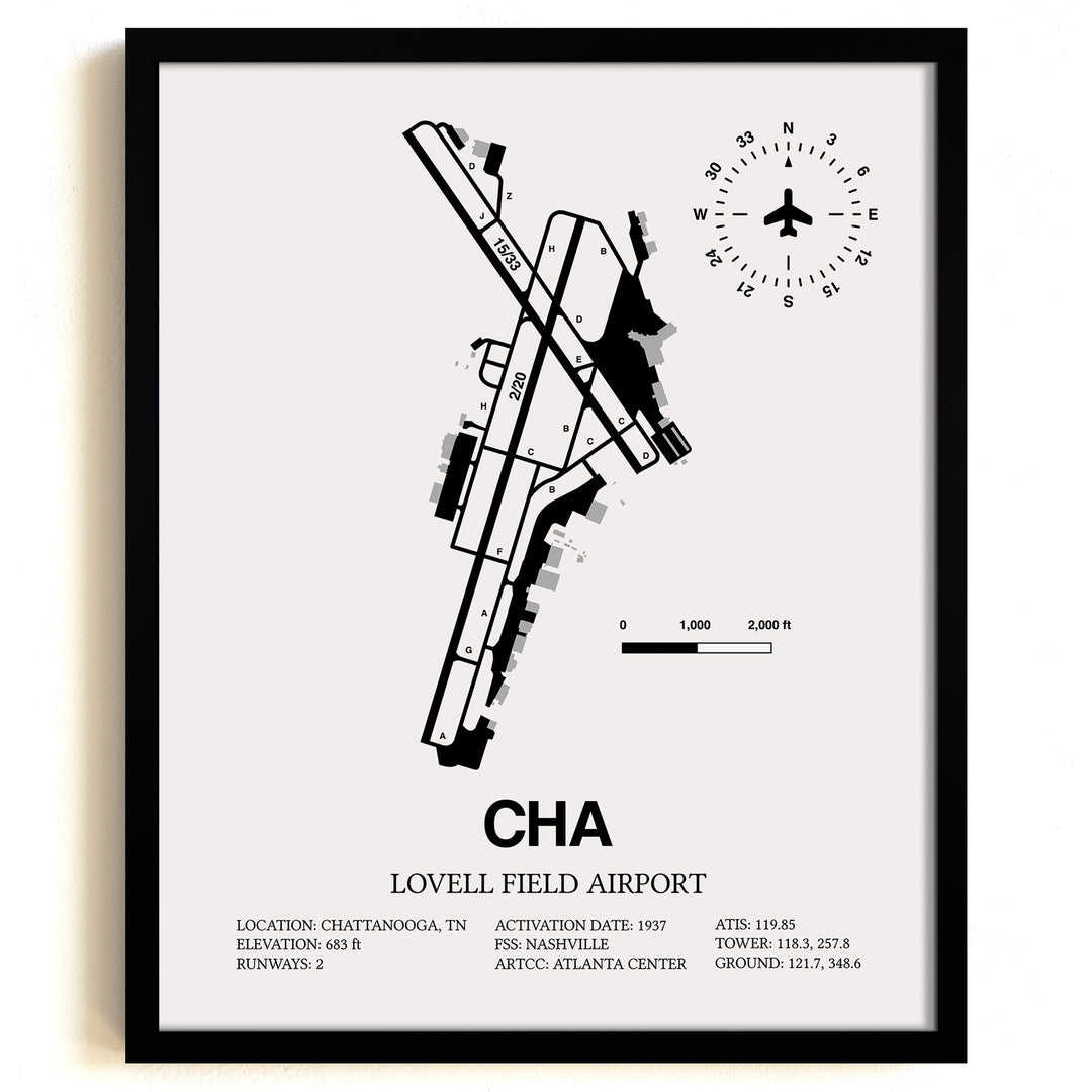 Framed Detailed Airport Map of Lovell Field Airport (CHA) in White with a Black Frame