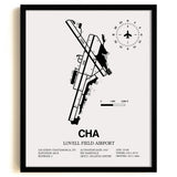 Framed Detailed Airport Map of Lovell Field Airport (CHA) in White with a Black Frame