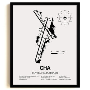 Framed Detailed Airport Map of Lovell Field Airport (CHA) in White with a Black Frame