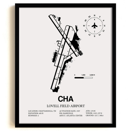 Framed Detailed Airport Map of Lovell Field Airport (CHA) in White with a Black Frame