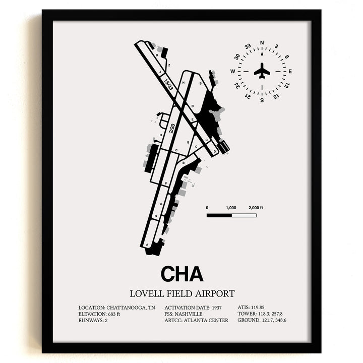 Framed Detailed Airport Map of Lovell Field Airport (CHA) in White with a Black Frame