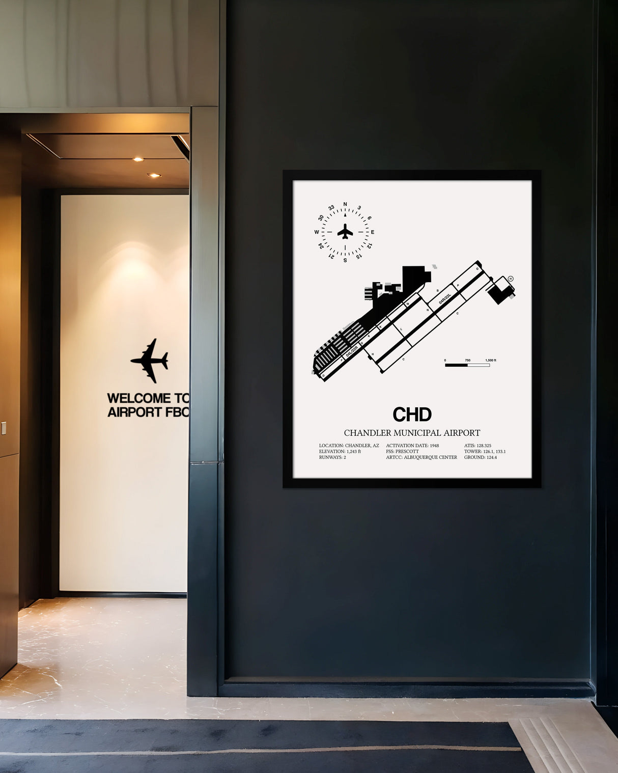 Framed Detailed Airport Map of Chandler Municipal Airport (CHD) in White with a Black Frame