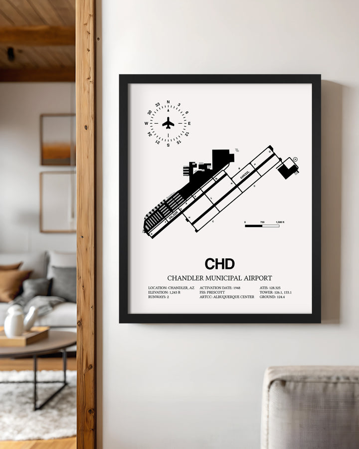 Framed Detailed Airport Map of Chandler Municipal Airport (CHD) in White with a Black Frame