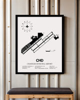 Framed Detailed Airport Map of Chandler Municipal Airport (CHD) in White with a Black Frame