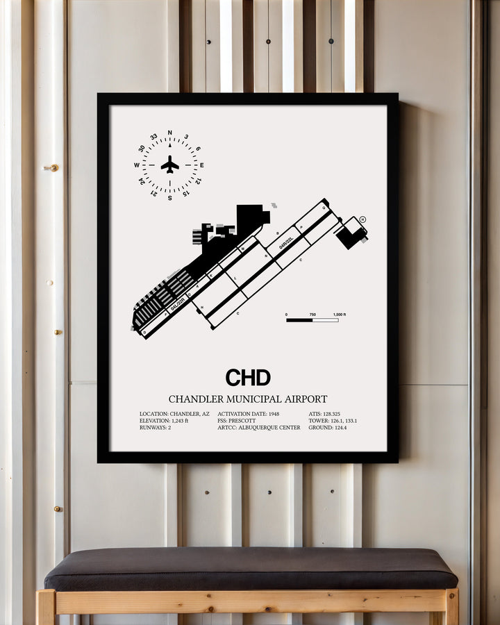 Framed Detailed Airport Map of Chandler Municipal Airport (CHD) in White with a Black Frame