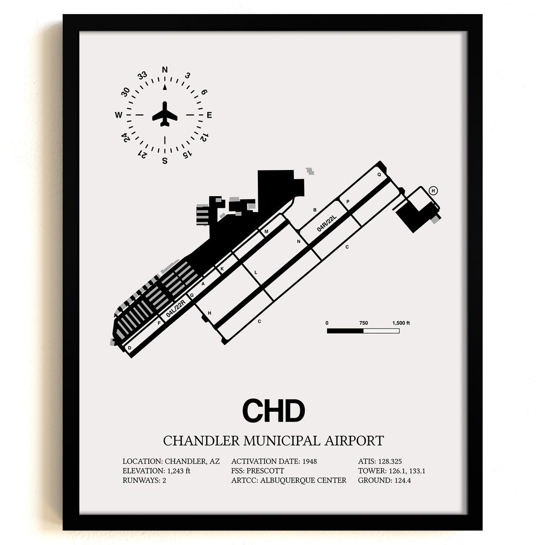 Framed Detailed Airport Map of Chandler Municipal Airport (CHD) in White with a Black Frame