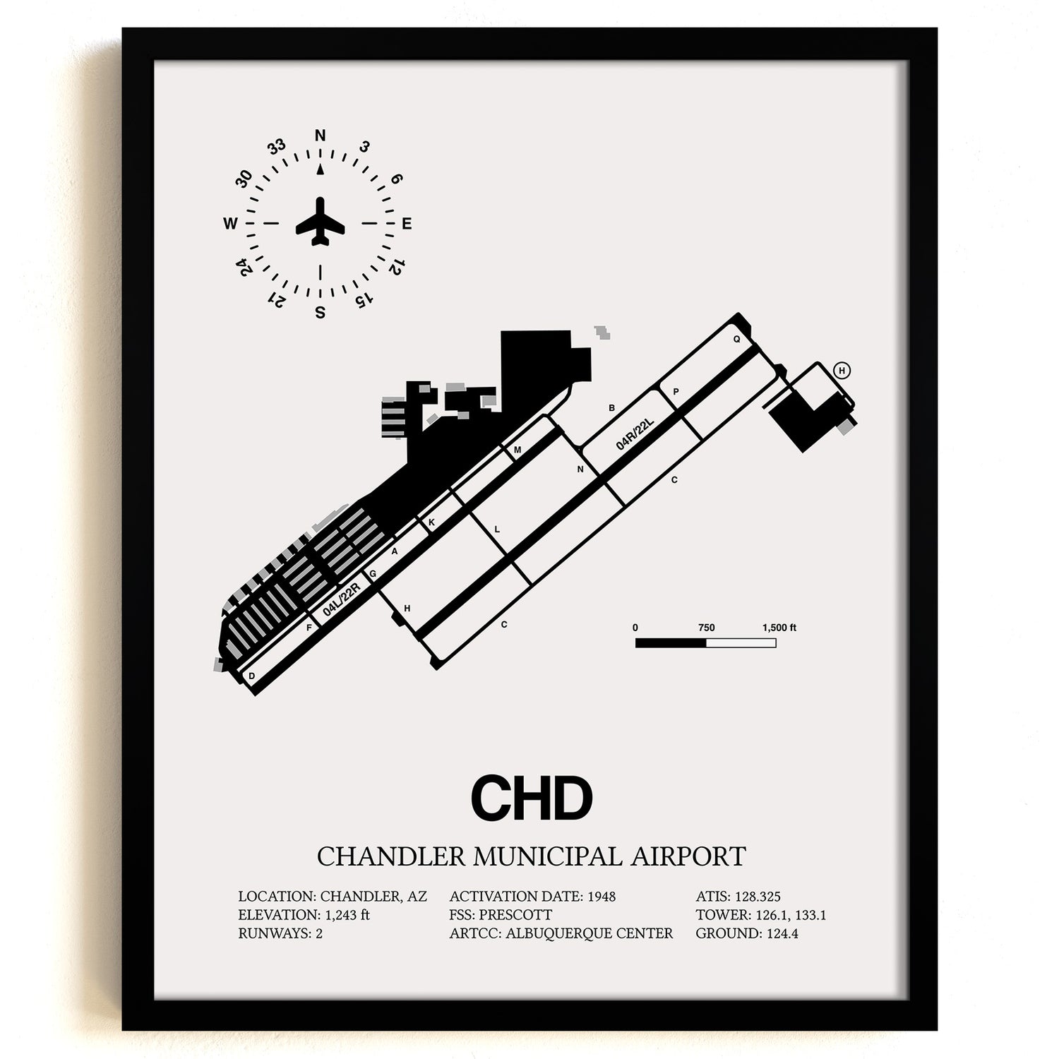 Framed Detailed Airport Map of Chandler Municipal Airport (CHD) in White with a Black Frame