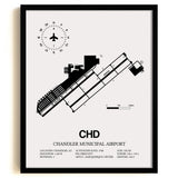 Framed Detailed Airport Map of Chandler Municipal Airport (CHD) in White with a Black Frame