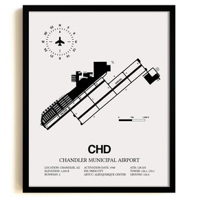 Framed Detailed Airport Map of Chandler Municipal Airport (CHD) in White with a Black Frame