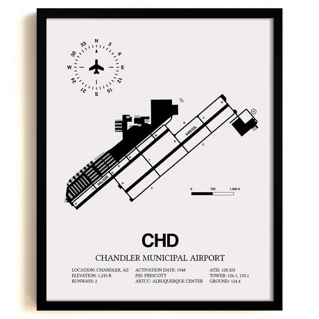Framed Detailed Airport Map of Chandler Municipal Airport (CHD) in White with a Black Frame