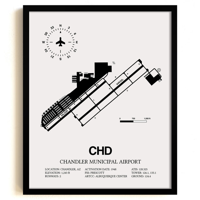 Framed Detailed Airport Map of Chandler Municipal Airport (CHD) in White with a Black Frame
