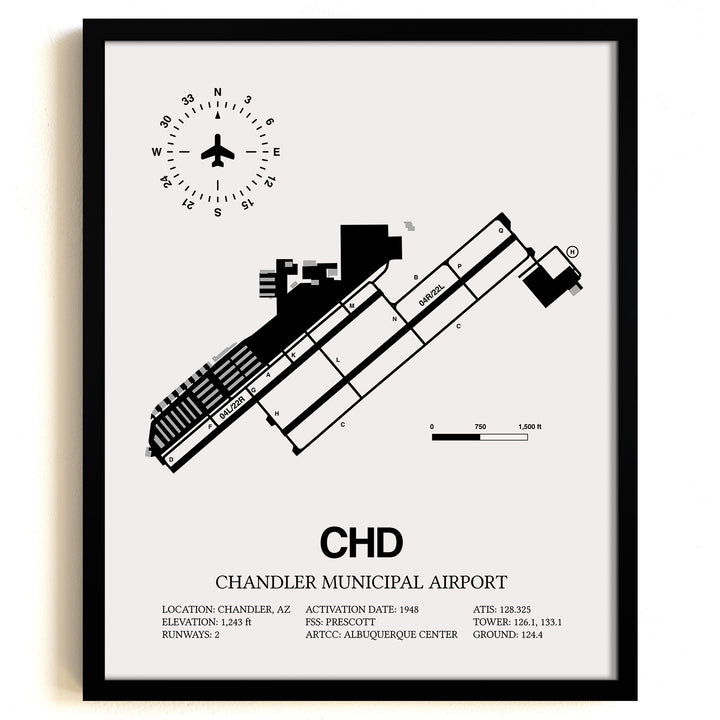 Framed Detailed Airport Map of Chandler Municipal Airport (CHD) in White with a Black Frame