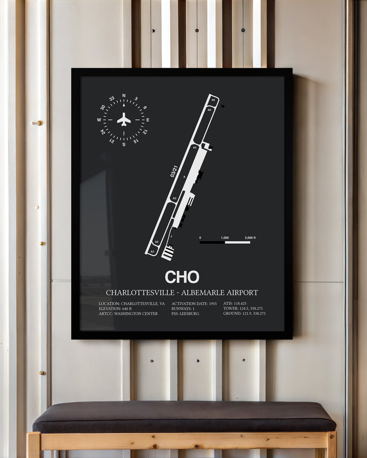 Framed Detailed Airport Map of Charlottesville-Albemarle Airport (CHO) in Gray with a Black Frame