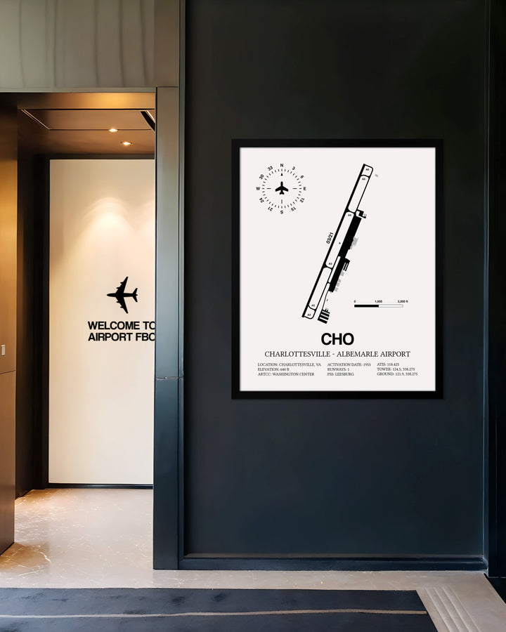 Framed Detailed Airport Map of Charlottesville-Albemarle Airport (CHO) in White with a Black Frame