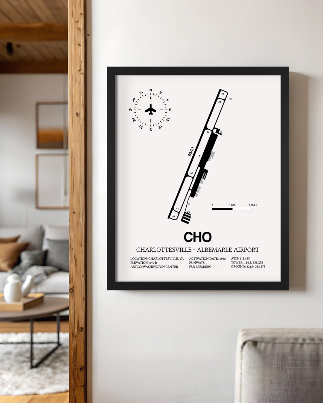 Framed Detailed Airport Map of Charlottesville-Albemarle Airport (CHO) in White with a Black Frame
