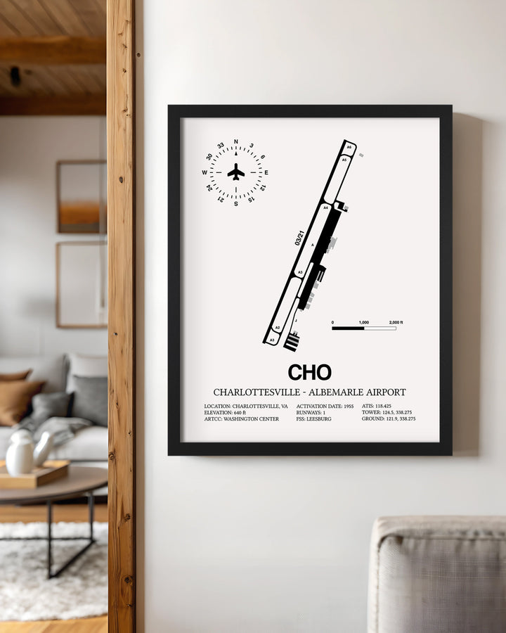 Framed Detailed Airport Map of Charlottesville-Albemarle Airport (CHO) in White with a Black Frame