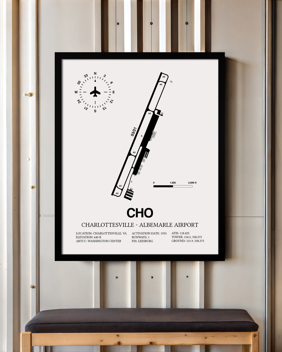 Framed Detailed Airport Map of Charlottesville-Albemarle Airport (CHO) in White with a Black Frame