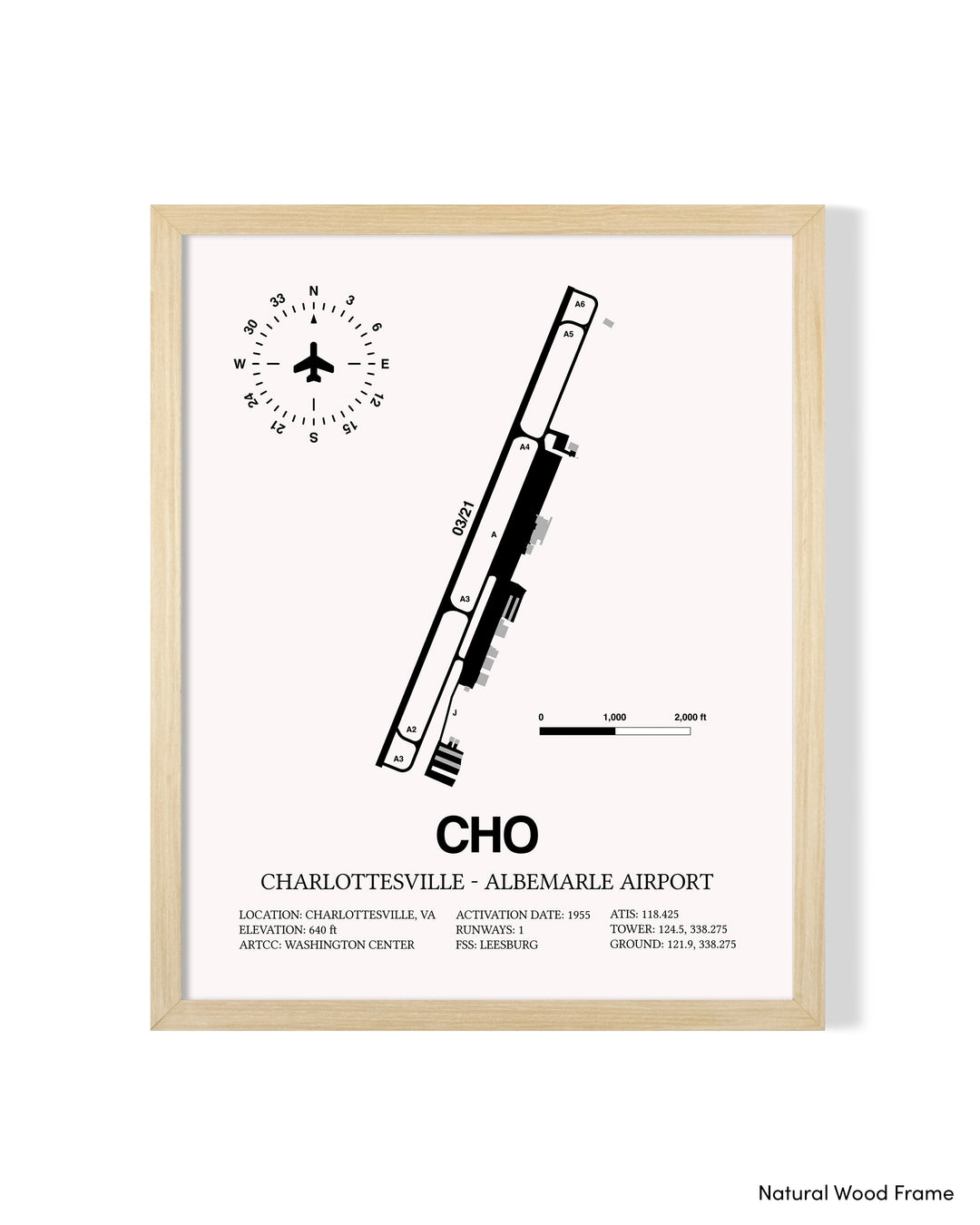 Detailed Airport Map of Charlottesville-Albemarle Airport (CHO) in White with a Natural Frame