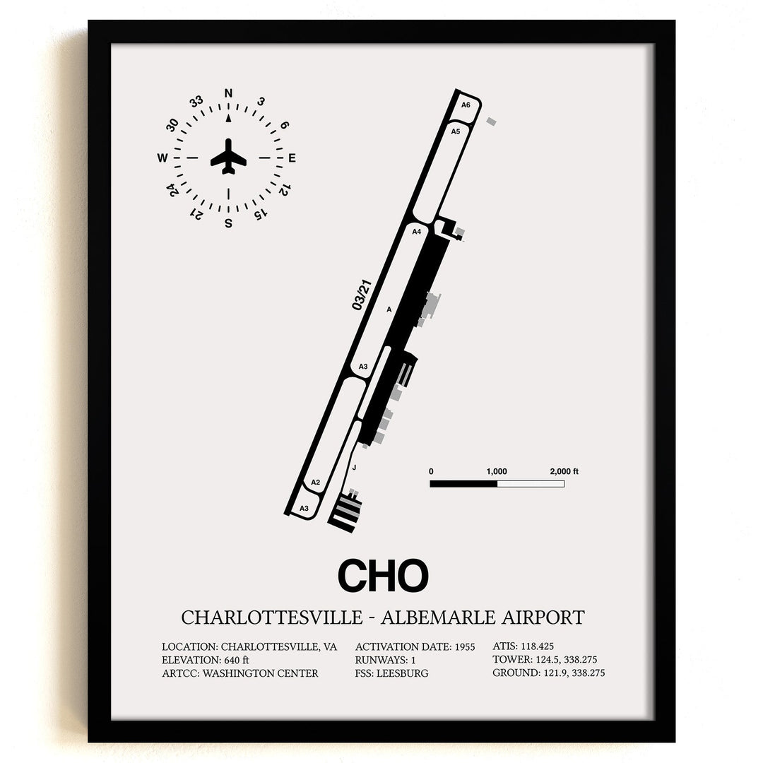 Framed Detailed Airport Map of Charlottesville-Albemarle Airport (CHO) in White with a Black Frame