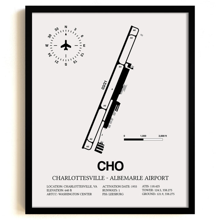 Framed Detailed Airport Map of Charlottesville-Albemarle Airport (CHO) in White with a Black Frame