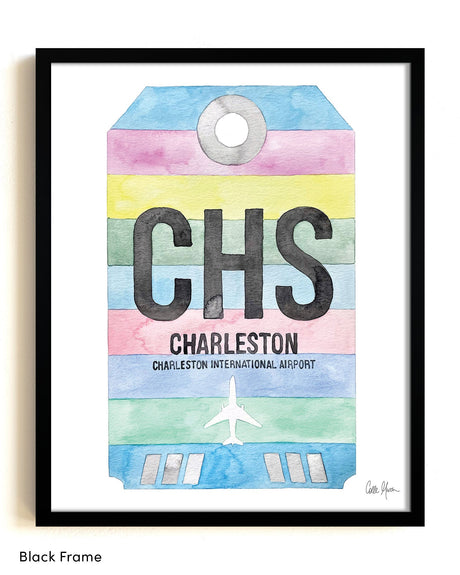 Framed Watercolor Print of Charleston International Airport (CHS) with a Black Frame
