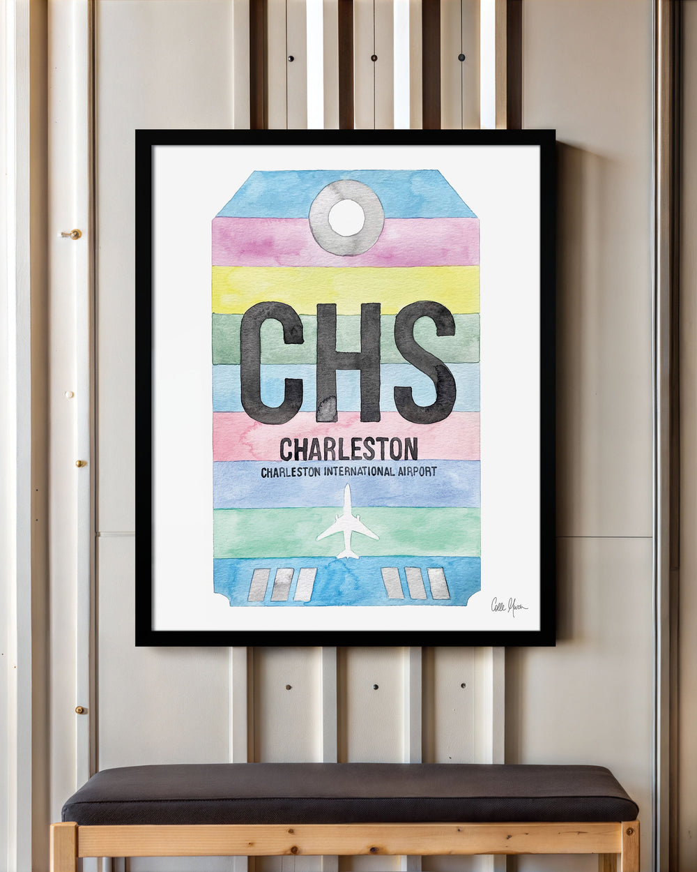 Framed Watercolor Print of Charleston International Airport (CHS) with a Black Frame