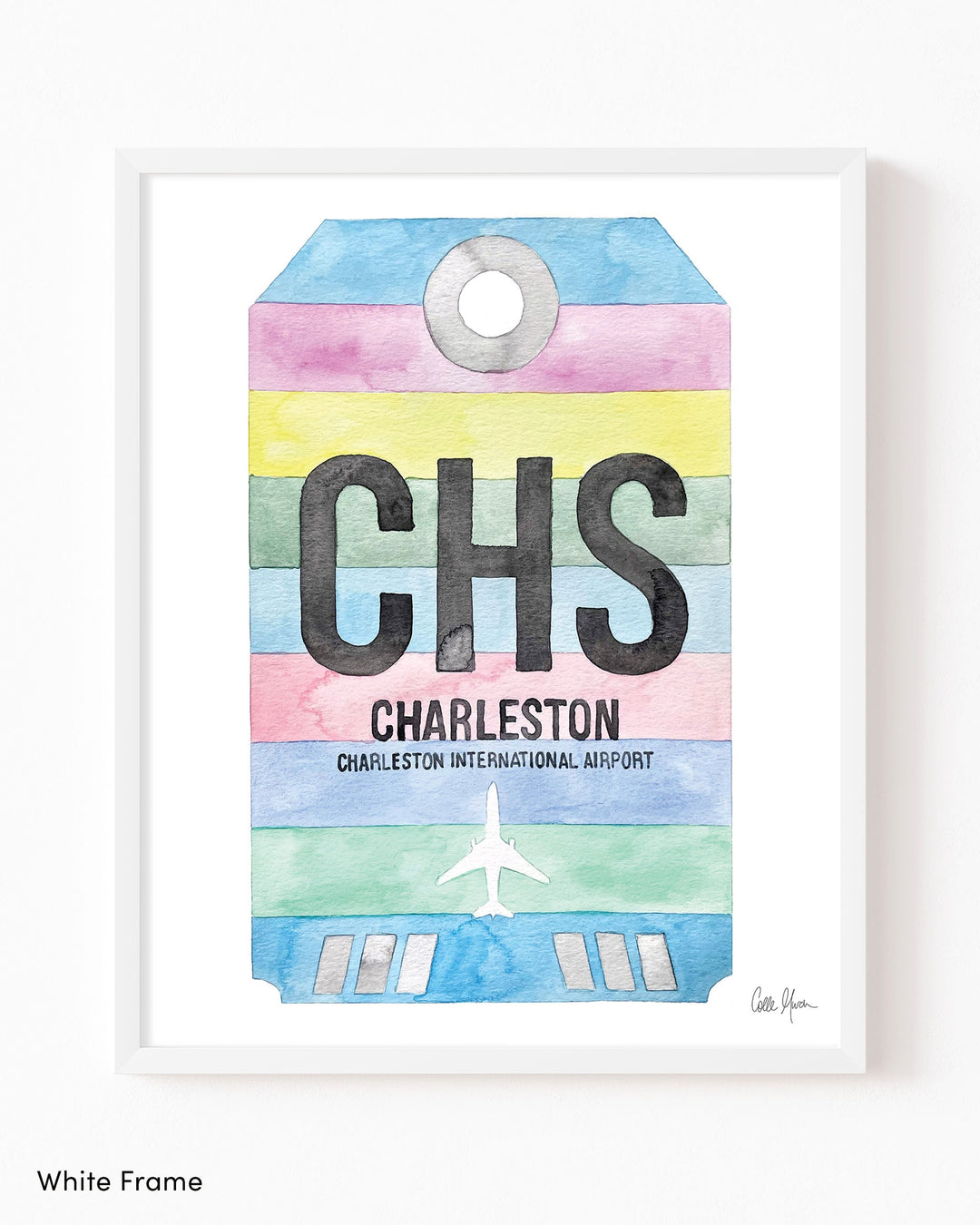 Framed Watercolor Print of Charleston International Airport (CHS) with a White Frame