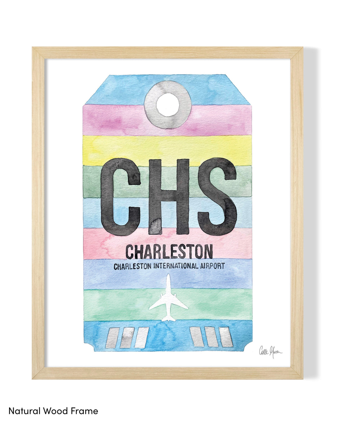 Framed Watercolor Print of Charleston International Airport (CHS) with a Natural Wood Frame