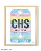 Framed Watercolor Print of Charleston International Airport (CHS) with a Natural Wood Frame