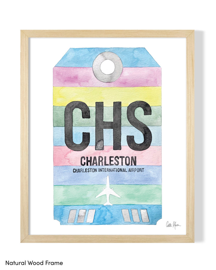 Framed Watercolor Print of Charleston International Airport (CHS) with a Natural Wood Frame