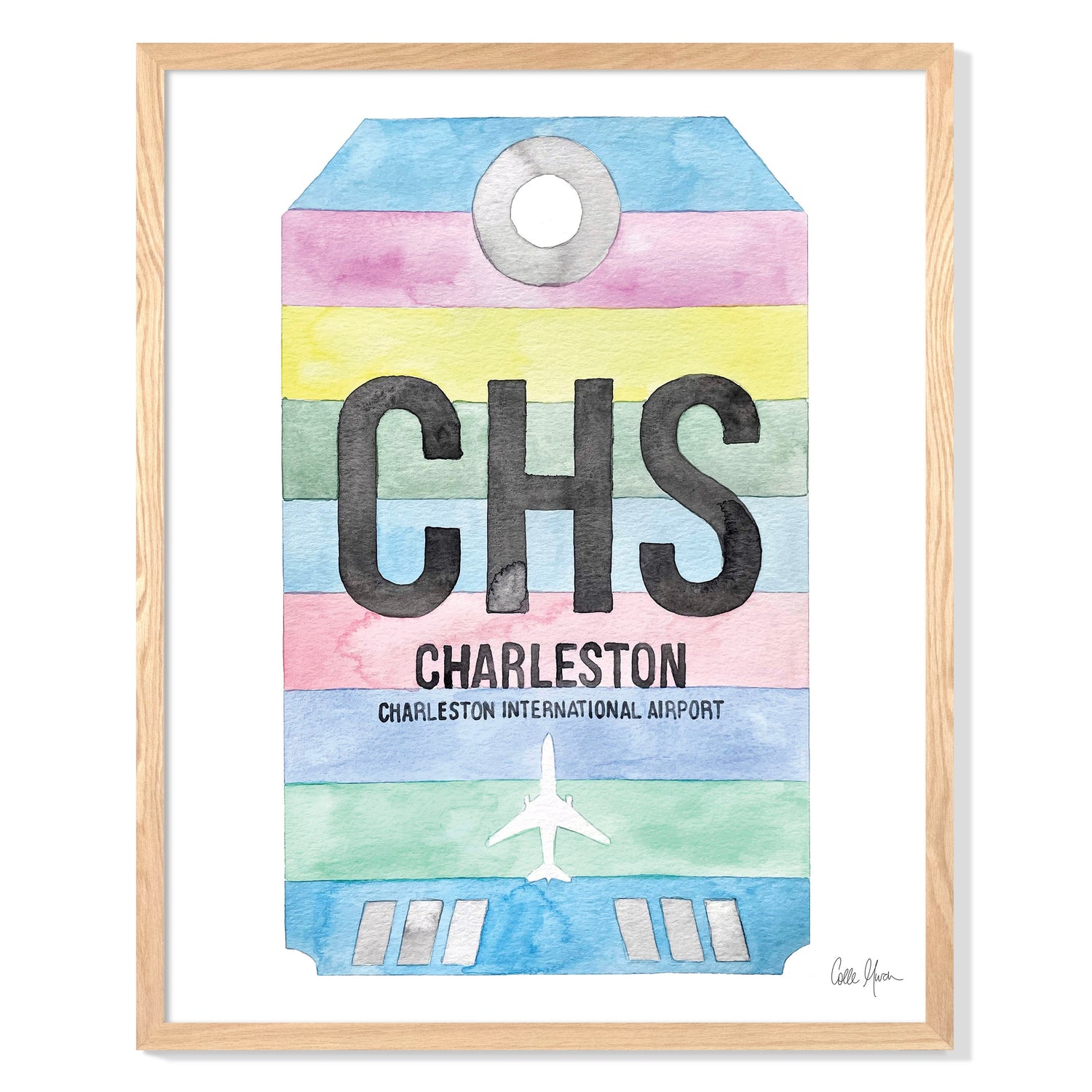 Framed Watercolor Print of Charleston International Airport (CHS) with an Oak Frame