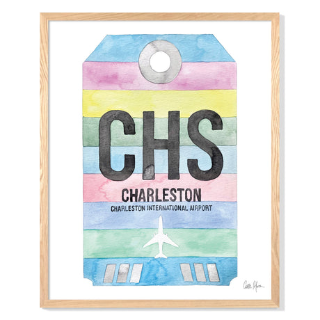 Framed Watercolor Print of Charleston International Airport (CHS) with an Oak Frame