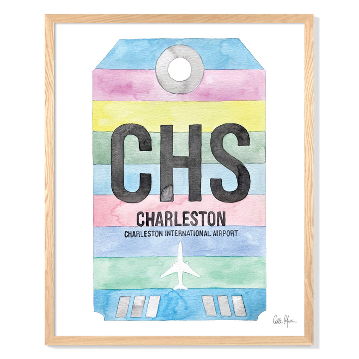 Framed Watercolor Print of Charleston International Airport (CHS) with an Oak Frame