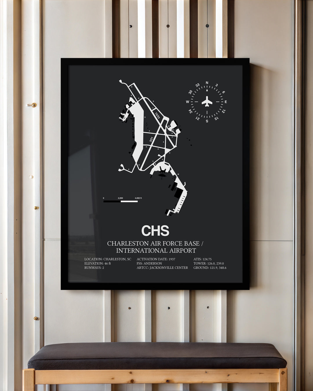 Framed Detailed Airport Map of Charleston International Airport (CHS) in Gray with a Black Frame