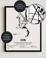 Framed Detailed Airport Map of Charleston International Airport (CHS) in White with a Black Frame