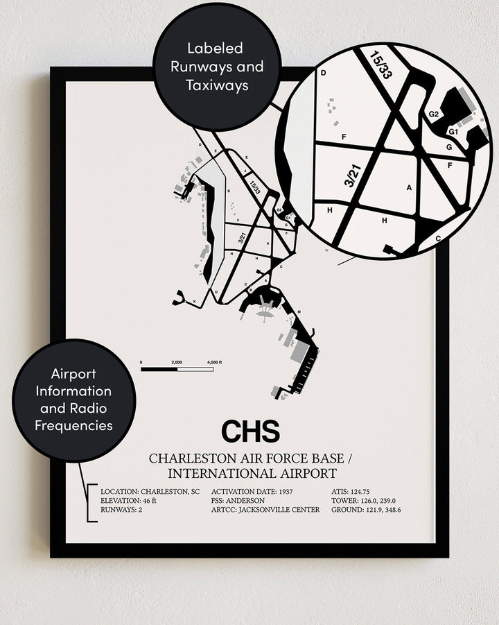Framed Detailed Airport Map of Charleston International Airport (CHS) in White with a Black Frame