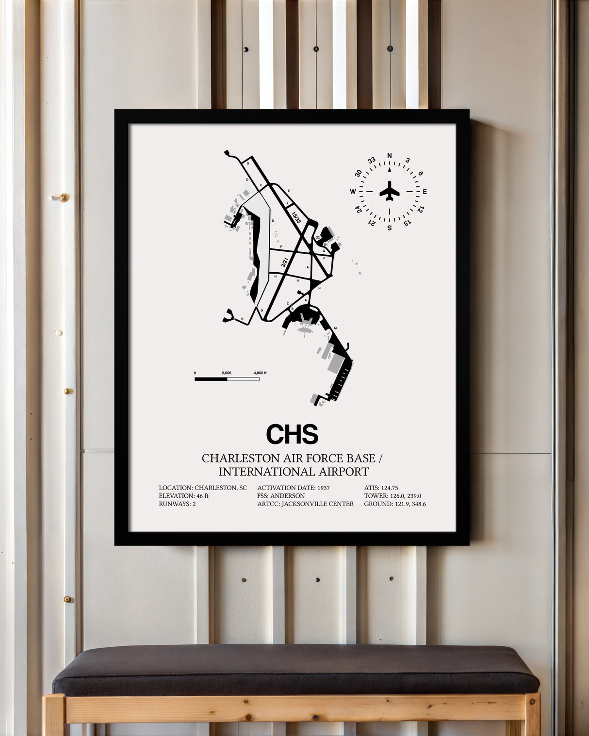 Framed Detailed Airport Map of Charleston International Airport (CHS) in White with a Black Frame