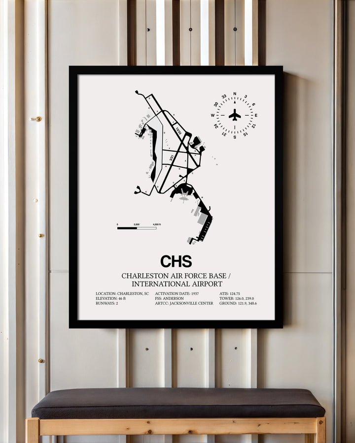 Framed Detailed Airport Map of Charleston International Airport (CHS) in White with a Black Frame