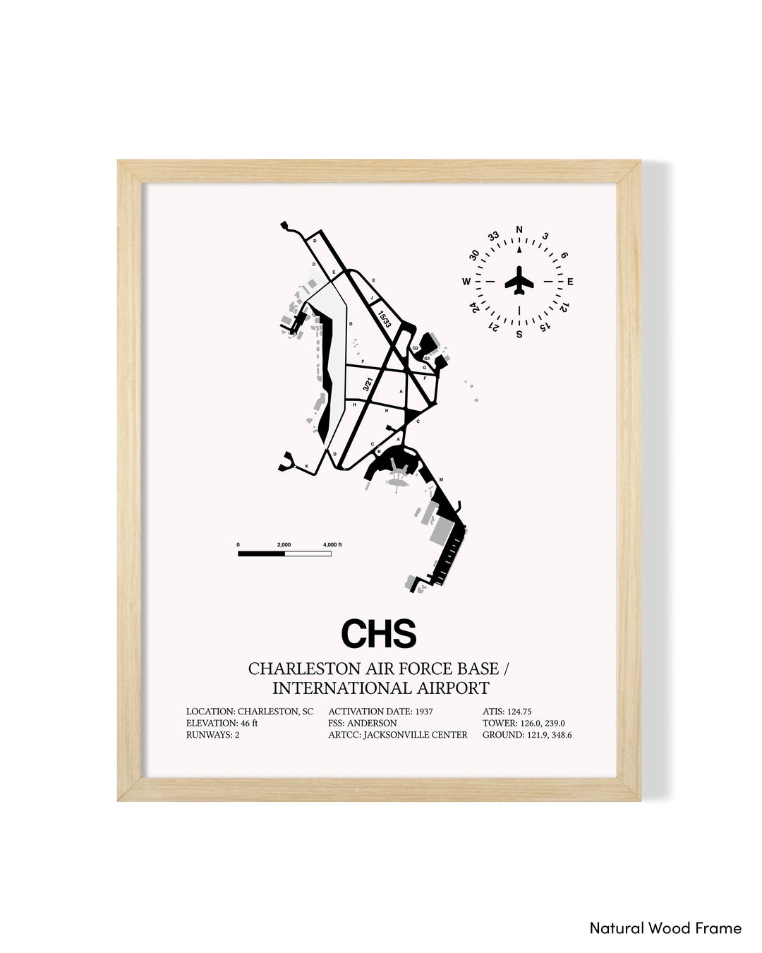 Detailed Airport Map of Charleston International Airport (CHS) in White with a Natural Frame
