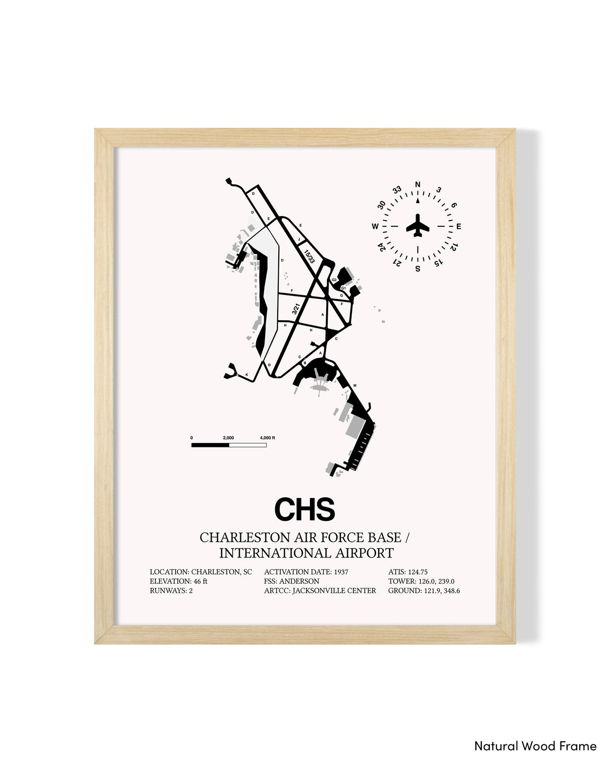 Detailed Airport Map of Charleston International Airport (CHS) in White with a Natural Frame