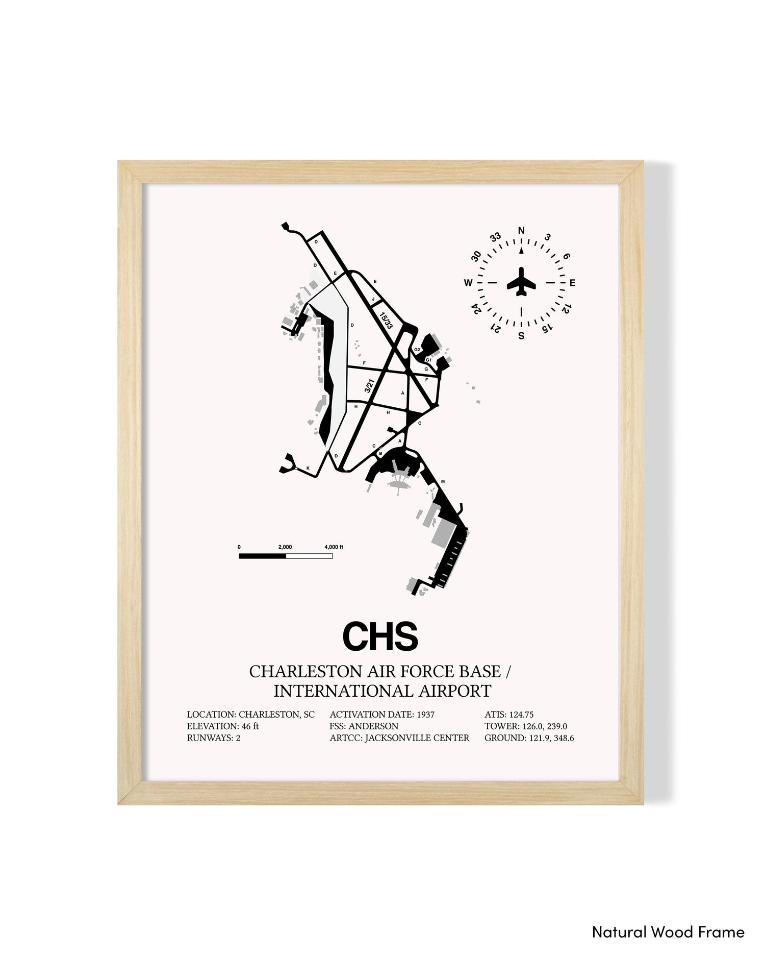 Detailed Airport Map of Charleston International Airport (CHS) in White with a Natural Frame