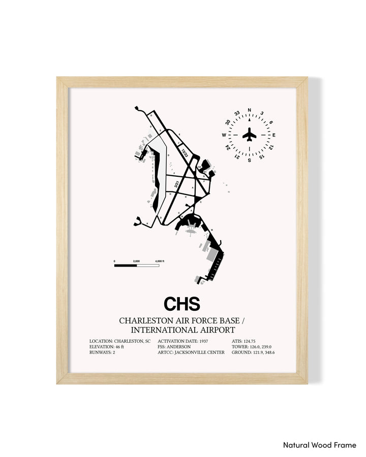Detailed Airport Map of Charleston International Airport (CHS) in White with a Natural Frame