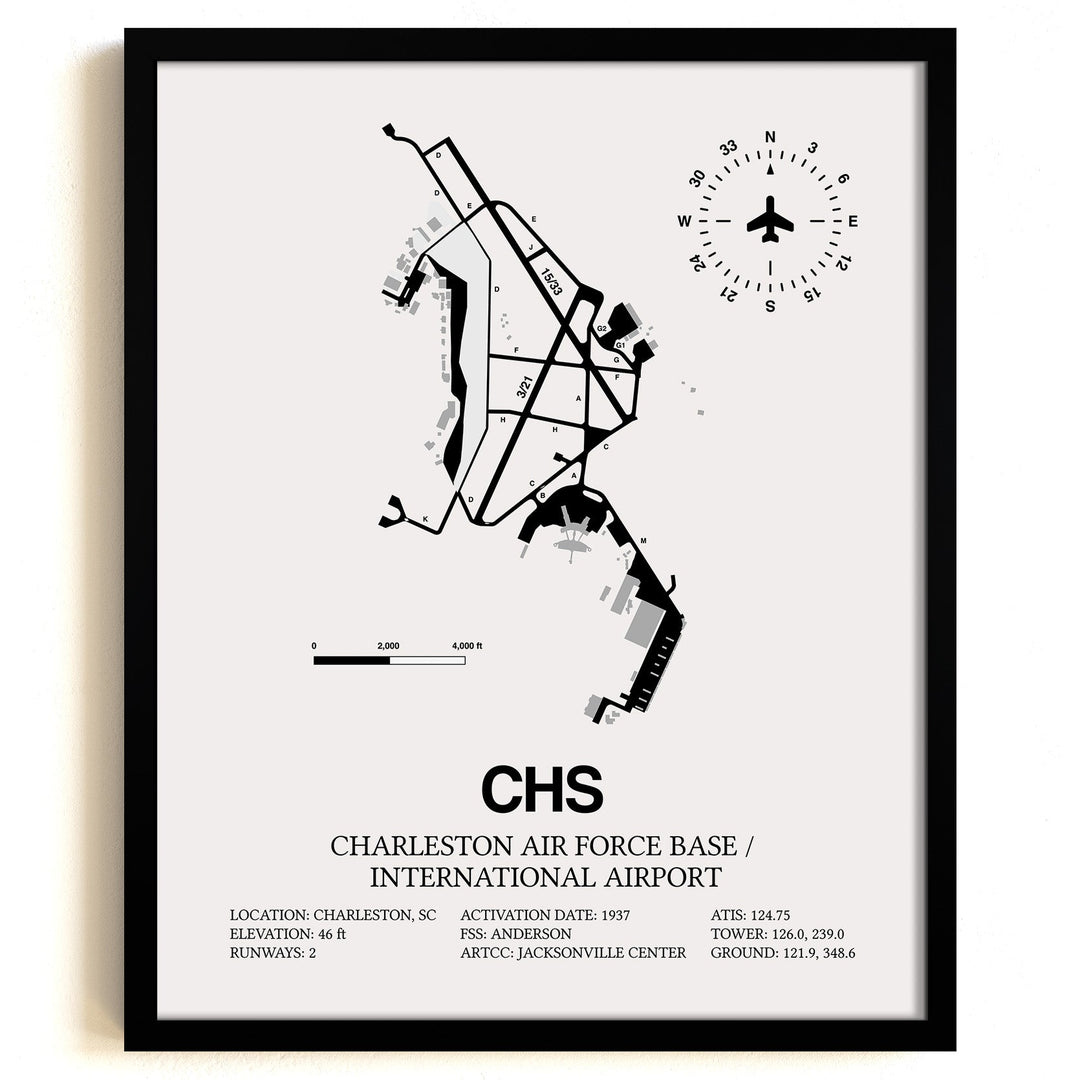 Framed Detailed Airport Map of Charleston International Airport (CHS) in White with a Black Frame