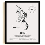 Framed Detailed Airport Map of Charleston International Airport (CHS) in White with a Black Frame